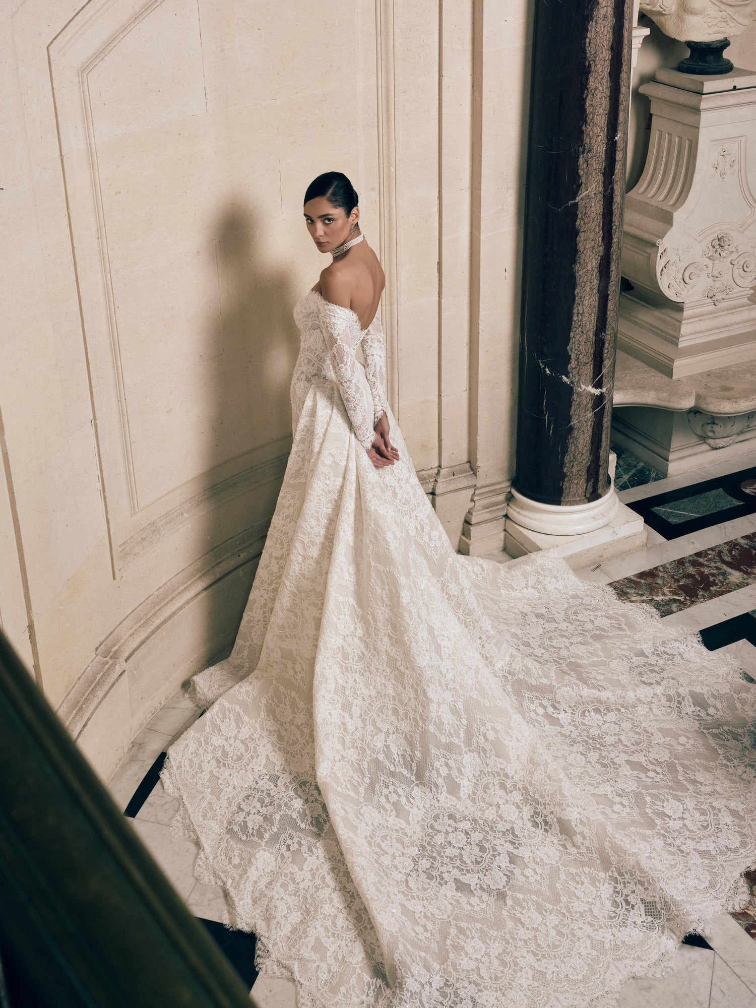 Off-shoulder long sleeve mermaid wedding dress with detachable train, white lace over nude base – Imperia bridal collection