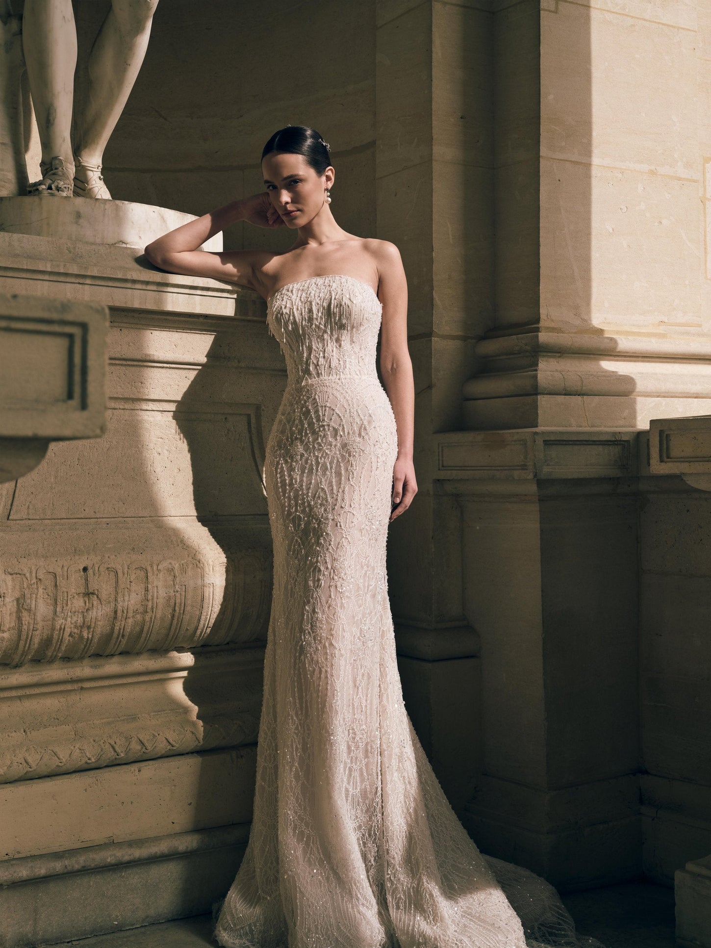 Nude French lace mermaid wedding dress with straight neckline – Imperia bridal collection