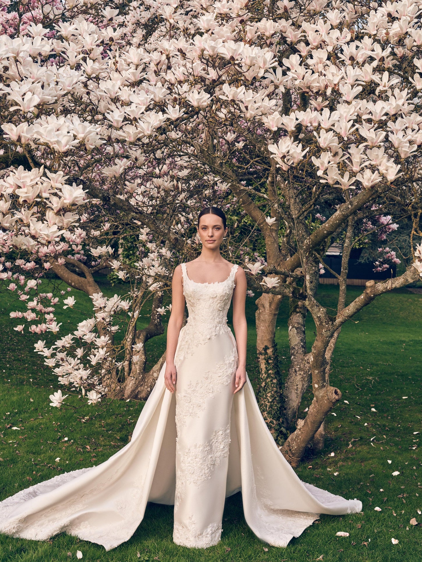 Satin scoop neckline wedding dress with floral lace appliqués and detachable overskirt – luxury satin bridal gown Imperia collection