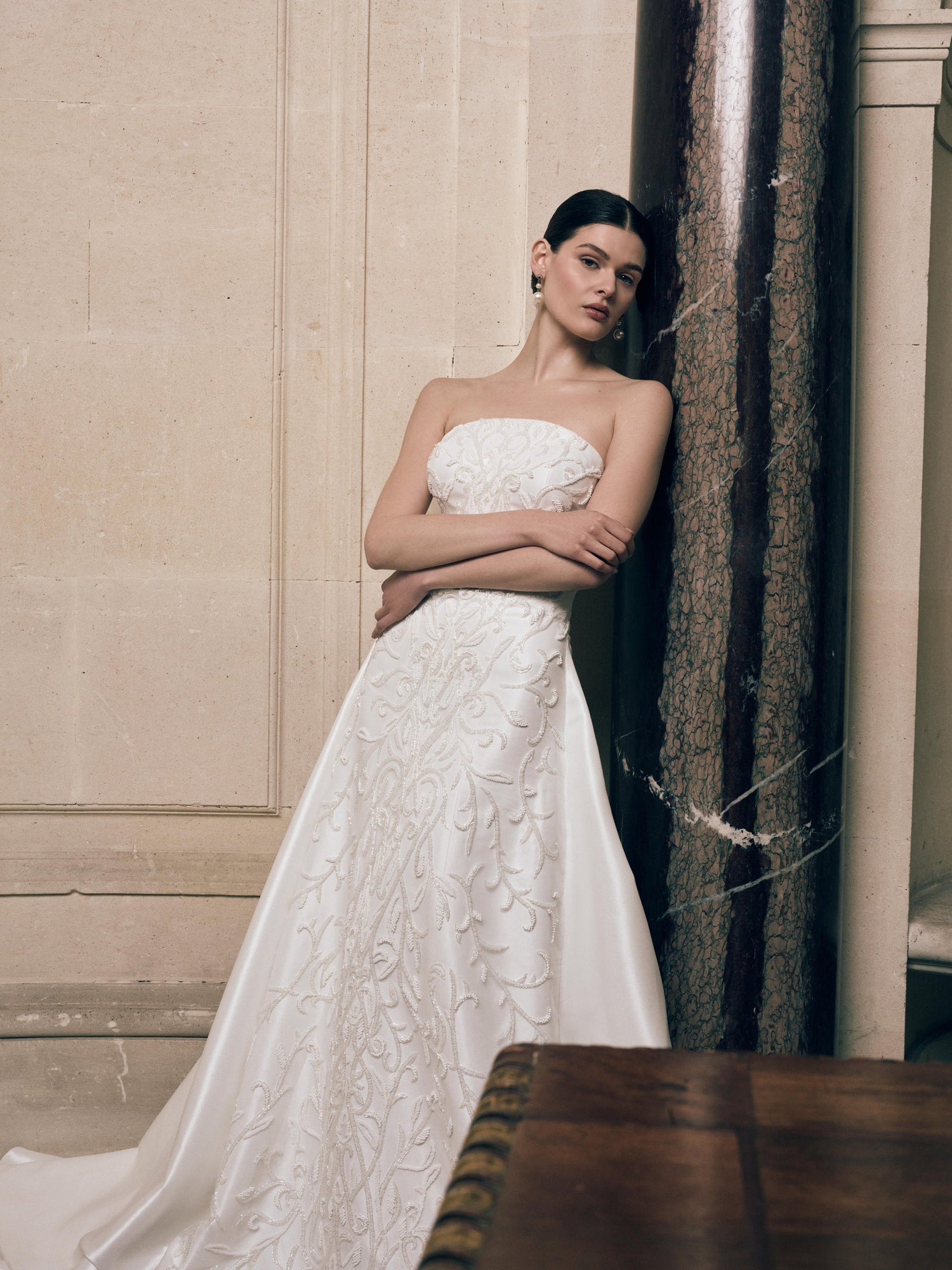 A-line satin wedding dress with strapless straight neckline and hand embroidery – luxury embroidered satin bridal gown Imperia collection
